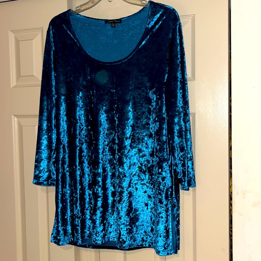 Slinky Brand Newly Dry Cleaned Dusty Teal Velvet Blouse Size XL
